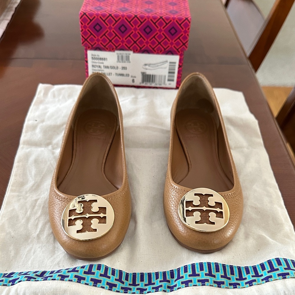Tory Burch Gold Emblem Tan Flats